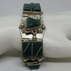MEXICAN SILVER Green Onyx Tribal Masks Bracelet Gemstone Rectangles Sectional